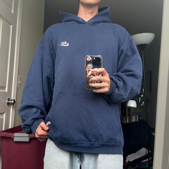 Vintage 90s Baggy Nike Check Navy Cotton Hoodie Sweatshirt - Picture 2 of 7